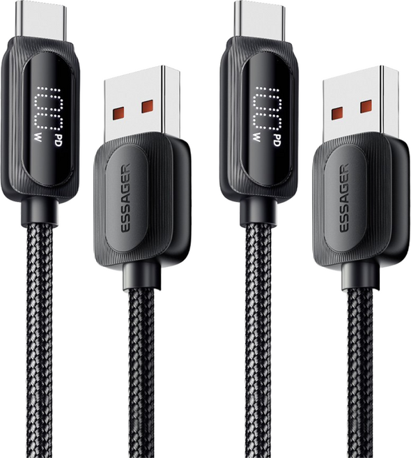 Essager 디스플레이 PD 100W 7A C타입 고속충전 케이블, 2개, 3m, 블랙