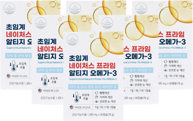 유유제약 초임계 네이처스 알티지 오메가3 1300mg 비타민 D E 눈건강, 60회분, 6박스