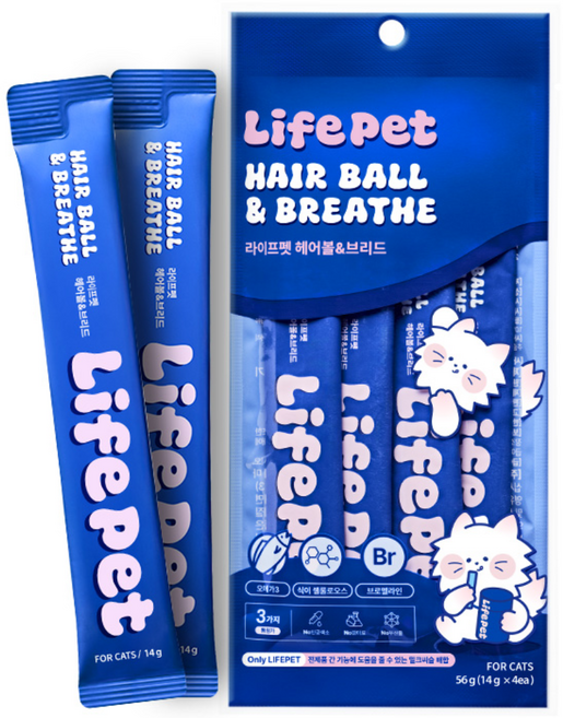 고양이 호흡기&헤어볼 4포 짜먹는 액상고형 젤 겔 라이프펫 헤어볼 제거제 유도 모발 배출 구토 완화 노묘 간식, 1개, 헤어볼, 4회분