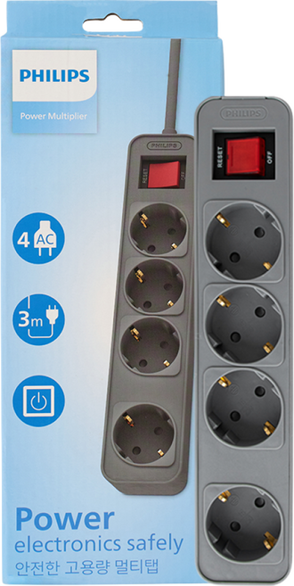 필립스 고용량멀티탭 4000W 워크탭 과부하차단, 1.5m, 올그레이 4구, 1개