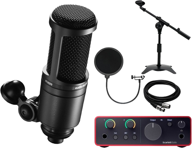 오디오테크니카 AT2020 콘덴서 마이크 포커스라이트 스칼렛 솔로 4세대 세트, 탁상T자스탠드+팝필터+케이블