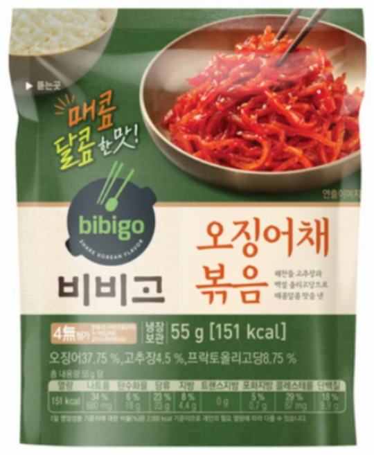 CJ 간편식 비비고 오징어채볶음55g 도시락반찬 술안주 야식 소풍 자취 부모님식사 탕비실, 55g, 1개