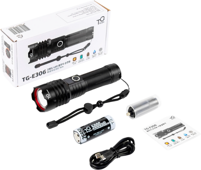 TG전자 고휘도 LED 충전식 손전등 휴대용 후레쉬 써치 라이트 낚시 등산 자전거 해루질 랜턴 서치 후레시 TG-E306, 1개, black