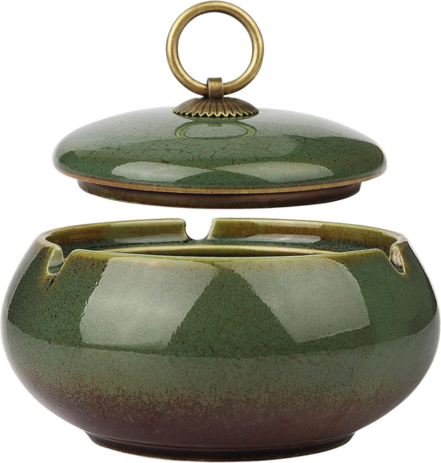LYRHIX 빈티지우아한구리원형핸들도자기재떨이 예술적인재떨이 클래식하고우아한재떨이 업소용재떨이 가정용재떨이 뚜껑있는재털이 재떨이 아빠를위한선물친구를위한선물 크리스마스 선물, 요변 녹색, 1개