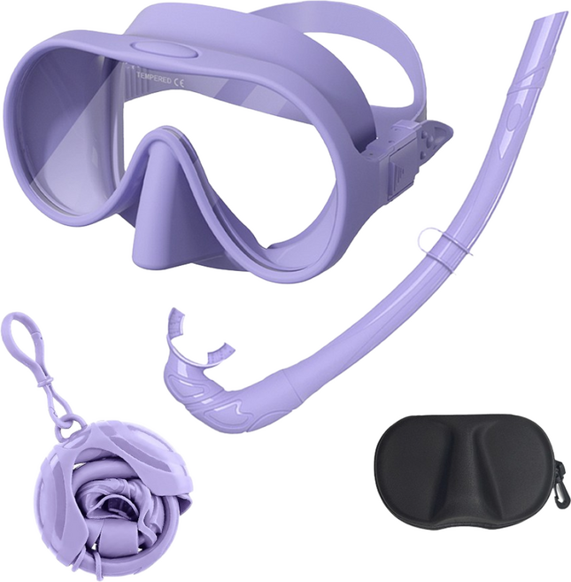 위베런 폴더블 스노쿨링 마스크 프리다이빙 장비 일안식 스노클링 어린이 성인 물안경 세트, 라벤더