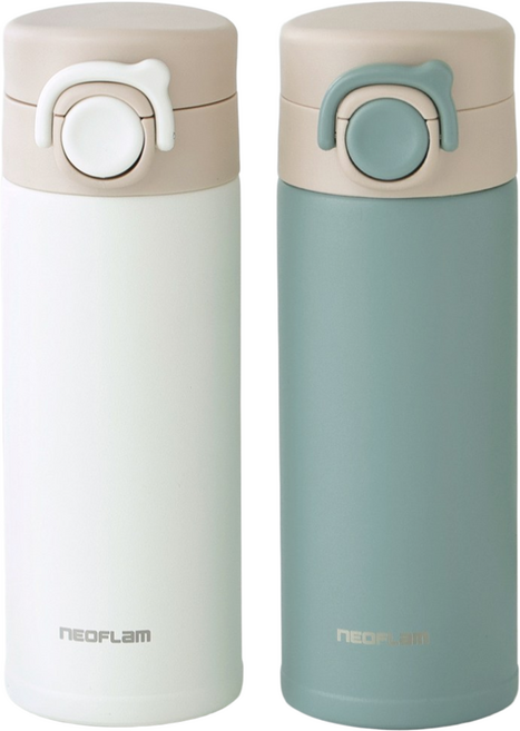 네오플램 원터치 보온 보냉 물병 보온병 2종세트 350ml, 아이보리/그린, 1세트