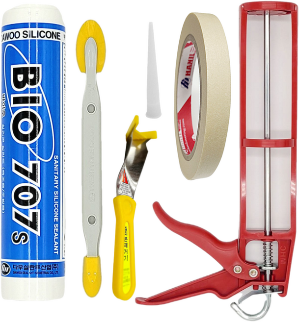 욕실용 바이오 실리콘 보수 세트(실리콘 백색+건+양날헤라+테이프+제거기) 총 6종, 1세트