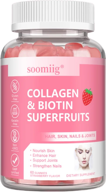 비오틴과 케라틴을 함유한 콜라겐 젤리로 모발 피부 손톱 관절 안티에이징 - 남녀 어린이 및 성인 - 비건 딸기맛 젤리 60정, 1개 - 쿠팡