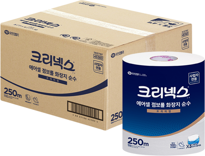 크리넥스 1겹 에어셀 점보롤 프리미엄 순수 화장지, 250m, 4개, 3개입