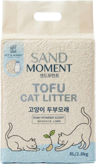샌드모먼트 고양이 두부모래 강력응고 저분진 2세대 고양이 모래, 베이비파우더, 1개, 2.8kg