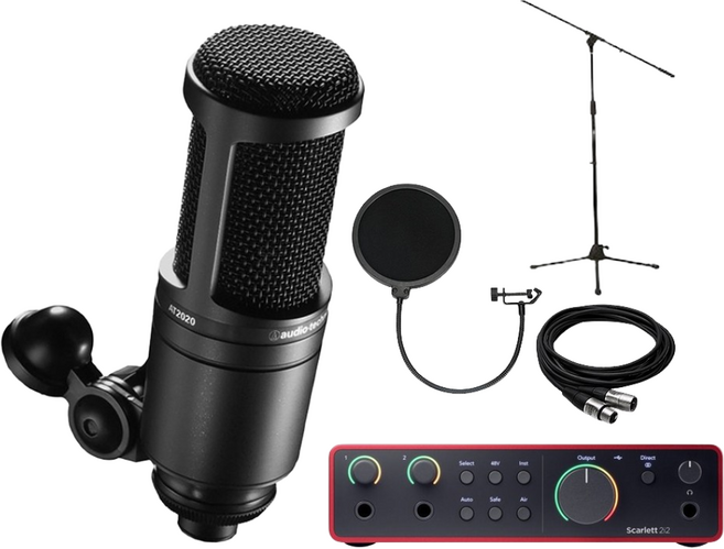 오디오테크니카 AT2020 콘덴서 마이크 포커스라이트 스칼렛 2i2 4세대 오인페, 롱스탠드+팝필터+케이블