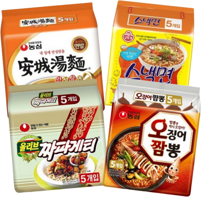 [맛슐랭] 멀티팩 봉지라면 안성탕면 5+오징어짬뽕 5+짜파게티 5+스낵면 5, 1세트