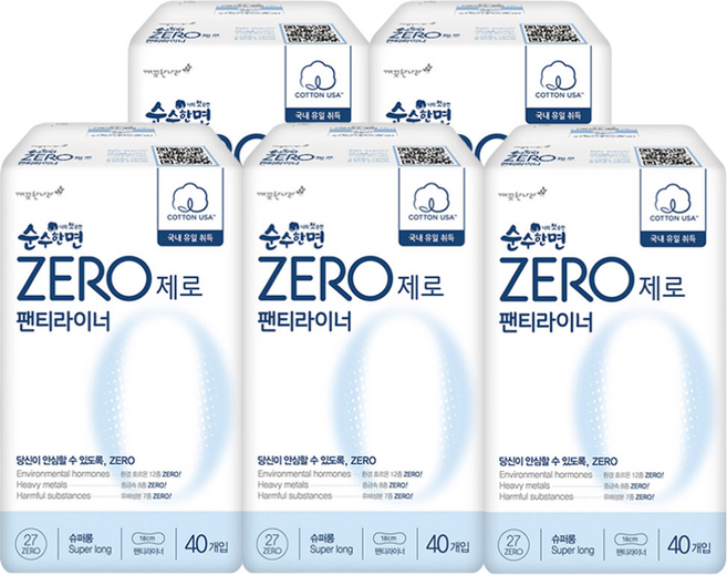 순수한면 제로 슈퍼롱 팬티라이너, 롱, 40개입, 5개