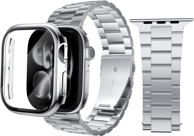 AITEWO 갤럭시워치 애플워치 호환 프리미엄 메탈 밴드 스트랩 액정보호 풀커버 일체형 케이스 세트 길이조절기 포함, 1개, 실버