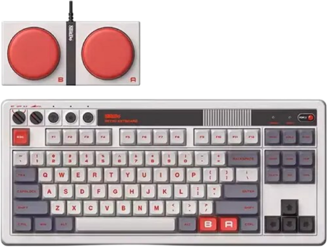 8BitDo 레트로 기계식 유무선 블루투스 키보드 게이밍 핫스왑 87키 듀얼슈퍼버튼포함, 빈티지 기계식 키보드(그레이)+슈퍼버튼, 레드, 텐키리스