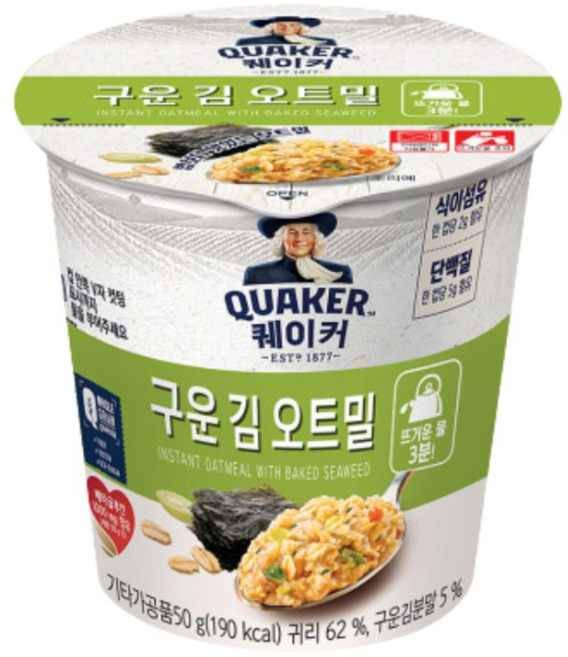 퀘이커 구운 김 오트밀 시리얼컵, 50g, 19개