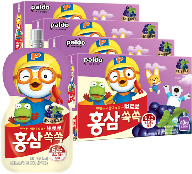 팔도 뽀로로 홍삼쏙쏙 포도블루베리맛 음료, 100ml, 40개