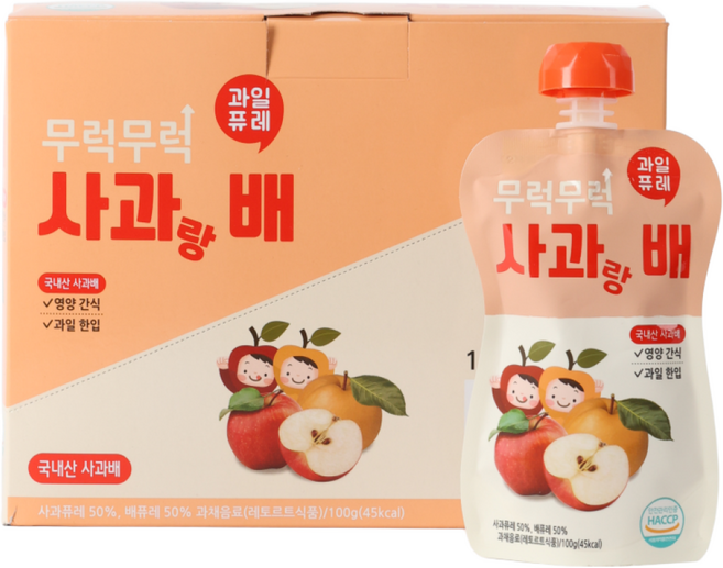 [박스판매] 무럭무럭 키즈죽 과일퓨레 1박스 (고구마 단호박 옥수수 제주당근 사과랑배 망고랑바나나 푸룬고구마 바나나단호박 중 택1), 사과+배 혼합맛, 7개, 100g