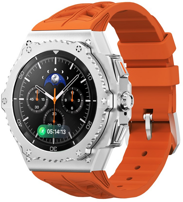 Geekthink [일체형] 삼성 갤럭시워치8 클래식 46mm 호환 티타늄 메탈 케이스 실리콘 밴드 풀커버 보호 스트랩 세트 갤차드밀 RM 커스텀, 실버 오렌지