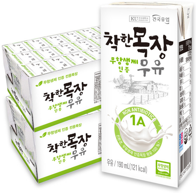 [건국유업] 착한목장 무항생제 멸균우유, 190ml, 48개