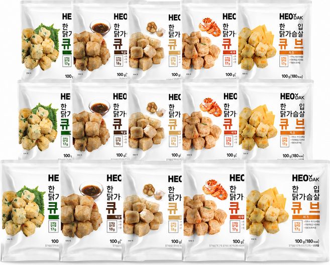 허닭 한입 닭가슴살 큐브 5종 혼합 (떡갈비+새우+깻잎+치즈+갈릭), 15개, 100g