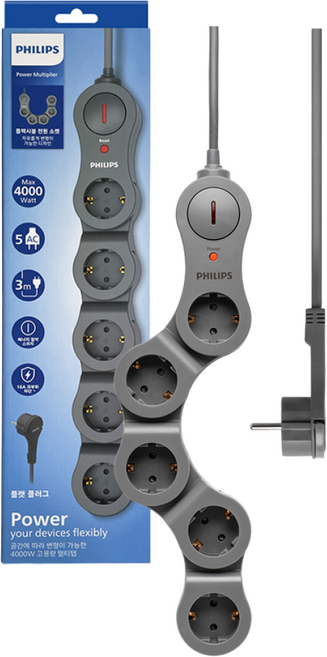 필립스 멀티탭 플렉시블 고용량 납작플러그 과부하차단, 1개, 그레이 CHP5250GB, 3m