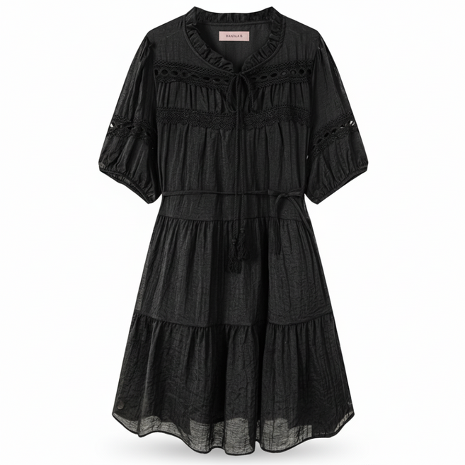 바닐라비 여성 리본 프릴넥 반팔 원피스