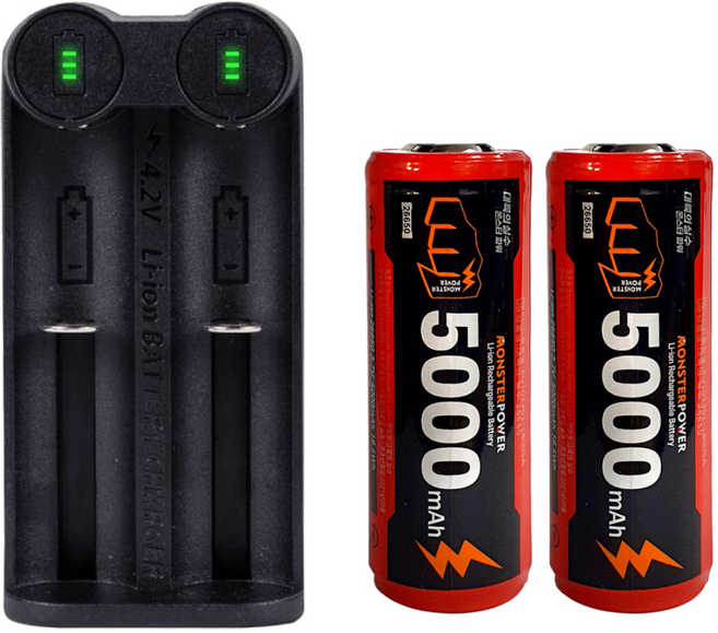 26650 배터리 2개 2구 충전기 1개 세트 C타입 5000mAh 몬스터파워