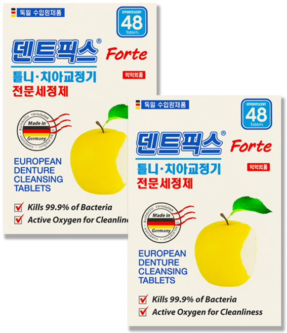 NEW 덴트픽스 포르테 48정 틀니 세정제 교정기 의치 세척제, 48개입, 2개