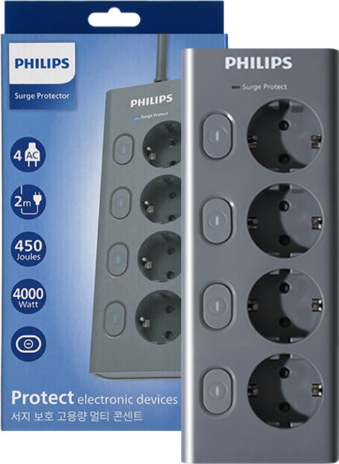 필립스 멀티탭 맥스 서지보호 4구 고용량 개별스위치 과부하차단, 1개, 그레이 CHP6740GA, 2m