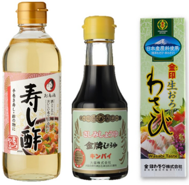 오타후쿠 스시스+다이쇼 사시미 간장+ 와사비 세트 - 스시 초밥 단촛물 배합초 초대리 식초 양념 소스 회간장 쇼유, 1세트