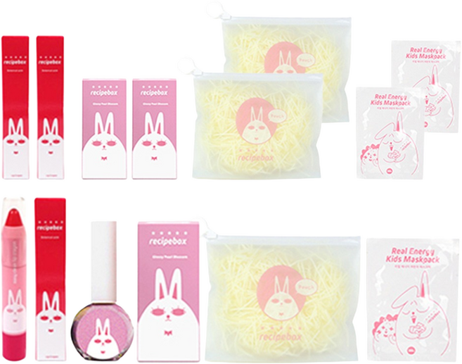 레시피박스 어린이 여행용 심플 메이크업 세트, 휴대용 파우치 + 어린이 마스크팩 2p + 립크레용 + 매니큐어 글로시펄 블라썸, 3세트