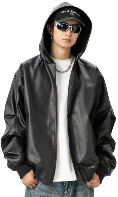 코디코치 메리 후드 가죽 자켓 남녀공용 바이크 라이더 페이크 레더 후드 집업 아우터 점퍼