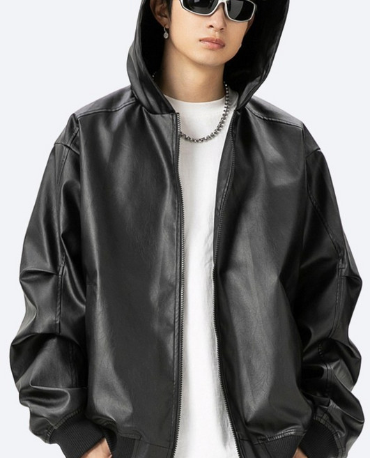 코디코치 메리 후드 가죽 자켓 남녀공용 바이크 라이더 페이크 레더 후드 집업 아우터 점퍼