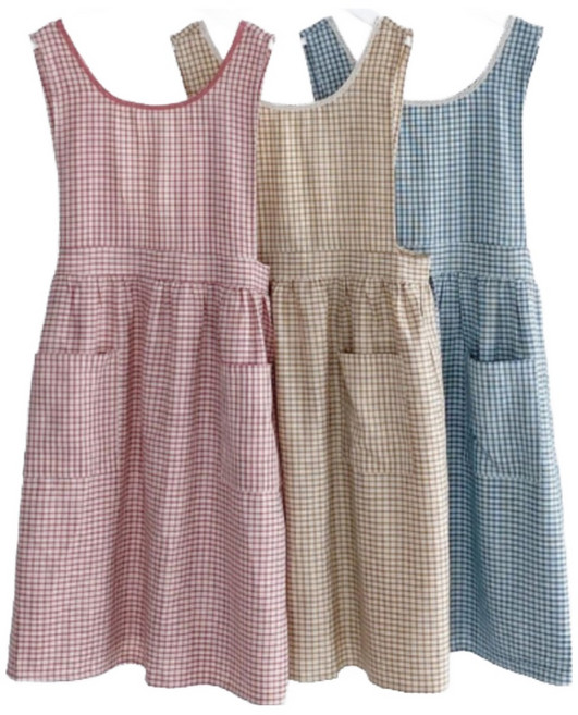[서울양품점]봉 봉 체크 원피스형 면앞치마 봄앞치마 여름앞치마 주방앞치마 카페앞치마, 베이지, 1개