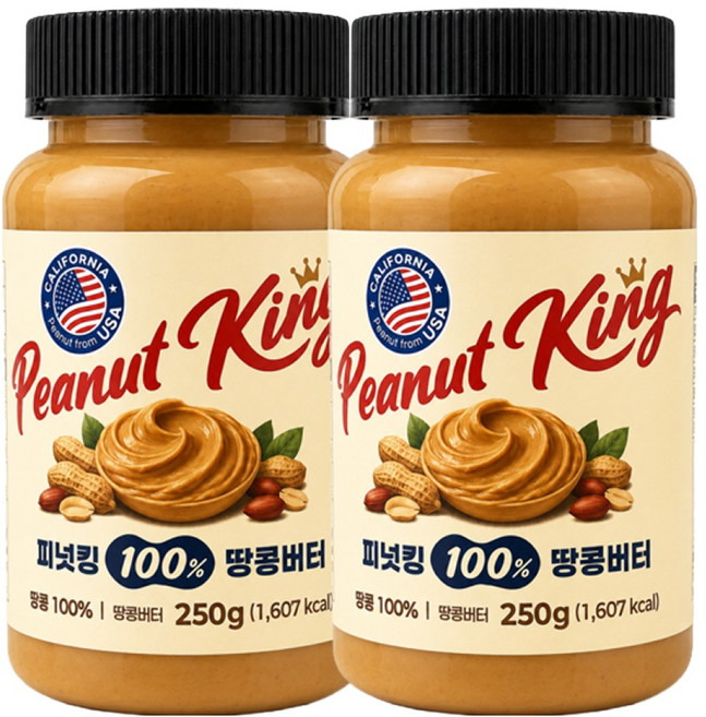 피넛킹 100% 땅콩버터 무설탕 무첨가 미국산 하이올레익 땅콩 스프레드 피넛버터, 2개, 250g