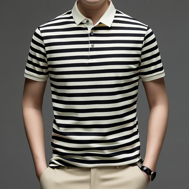 남성용 여름 반팔 스트라이프 폴로셔츠 고급 카라 데일리 캐주얼 티셔츠 루즈핏 데일리룩 오피스룩 베이직 상의