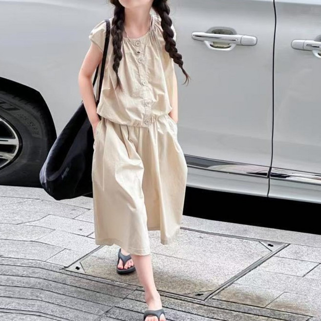 해피유통 여아 여름 캐주얼 반팔 세트 간단한 버튼 디자인 루즈핏 스커트 팬츠디자인14세 이상