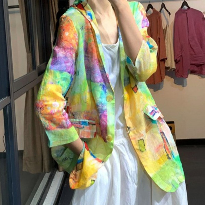 퀸앤조이여성 봄여름 린넨 여성용 통기성 7부 소매 자켓 빅사이즈 데일리 캐주얼