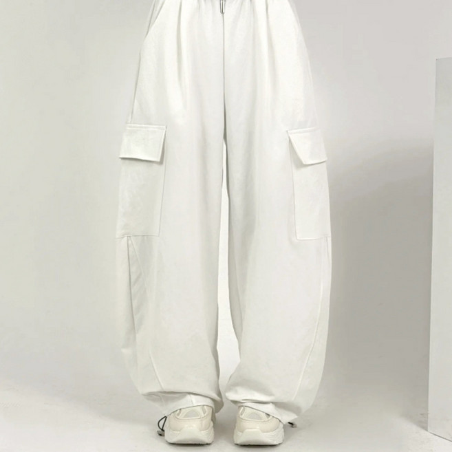 바이일이오 여성 벌룬핏 와이드 투웨이 원턱 포켓 코튼 카고 밴딩 팬츠