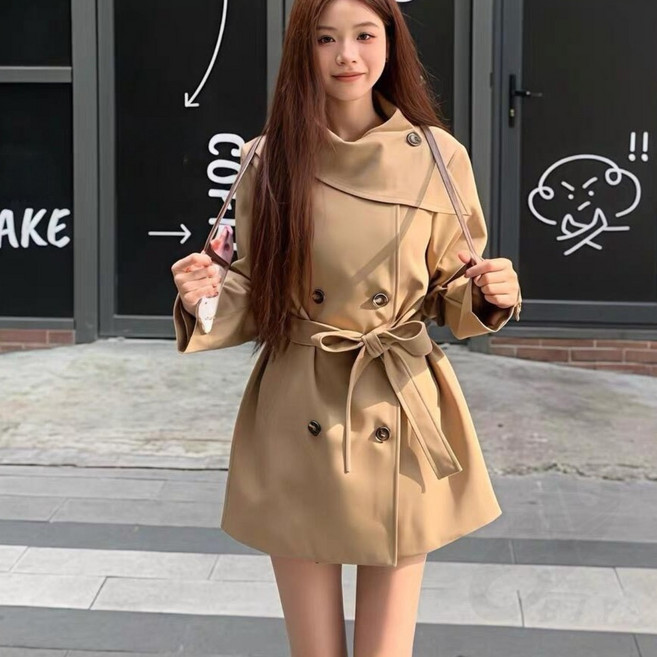 비아이와이 여성 봄 가을 오버핏 허리조임 하프 트렌치코트 DH1267