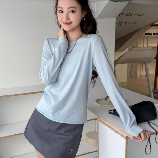 무니유유 텐셀 만능 데일리 무지 찰랑 기본 라운드 냉감 쿨 긴팔 티셔츠