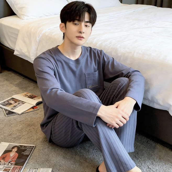 ANYOU 남성 고급 잠옷 상하세트 투피스 멋진 수면잠옷 편한 빅사이즈 홈웨어
