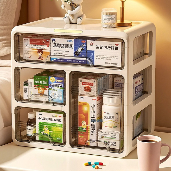 DFMEI 藥箱家庭裝抽屜式藥品收納盒家用大容量藥盒常用藥多層收納櫃神器, 1個, 奶油白-3層4格抽屜醫藥收納盒:如圖