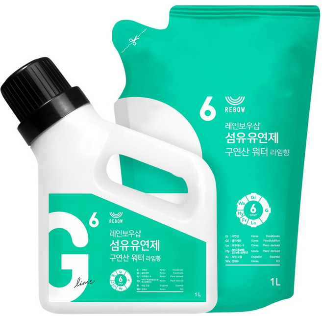 레인보우샵 섬유유연제 구연산 워터 라임향 세트 용기 1L 1개 리필 1L 1개