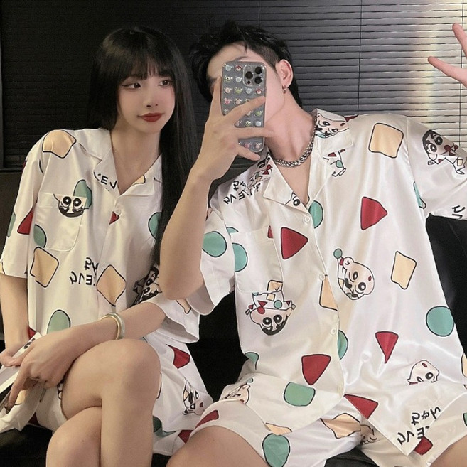 에어리슈 여름 냉감 실크 파자마 잠옷 신혼부부 커플 남자 여자 반팔 반바지 홈웨어 세트