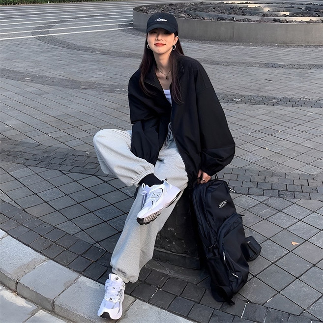 지쥬 여성 바람막이 초경량 집업 오버 봄 여름 자켓 무지 블랙&화이트 m~3xl