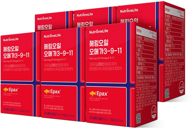 뉴트리원 헤링오일 오메가3-9-11 프리미엄 알티지 EPA DHA 세톨레산 노르웨이 혈행건강, 6박스, 30정