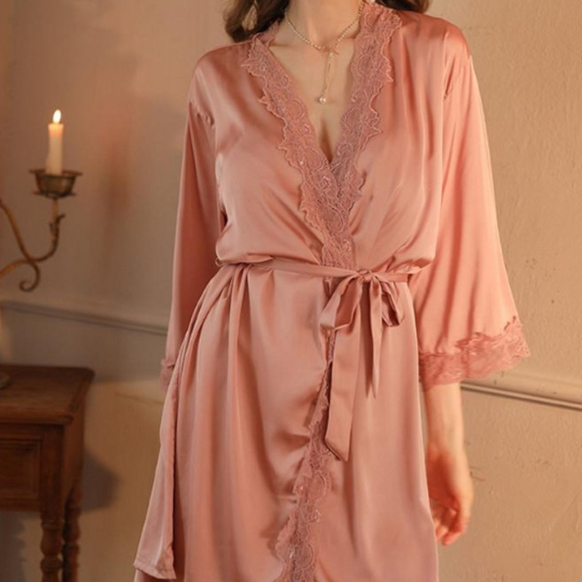 에밋 여성 섹시 란제리세트 레이스 슬립 원피스+가운