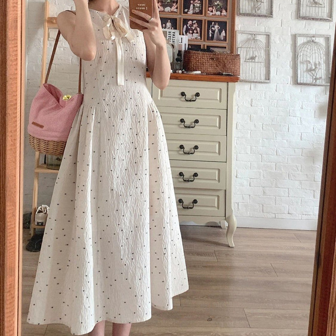 크레스티 여성 쉬폰 우아하다 롱원피스 리본 여름 데일리 스커트